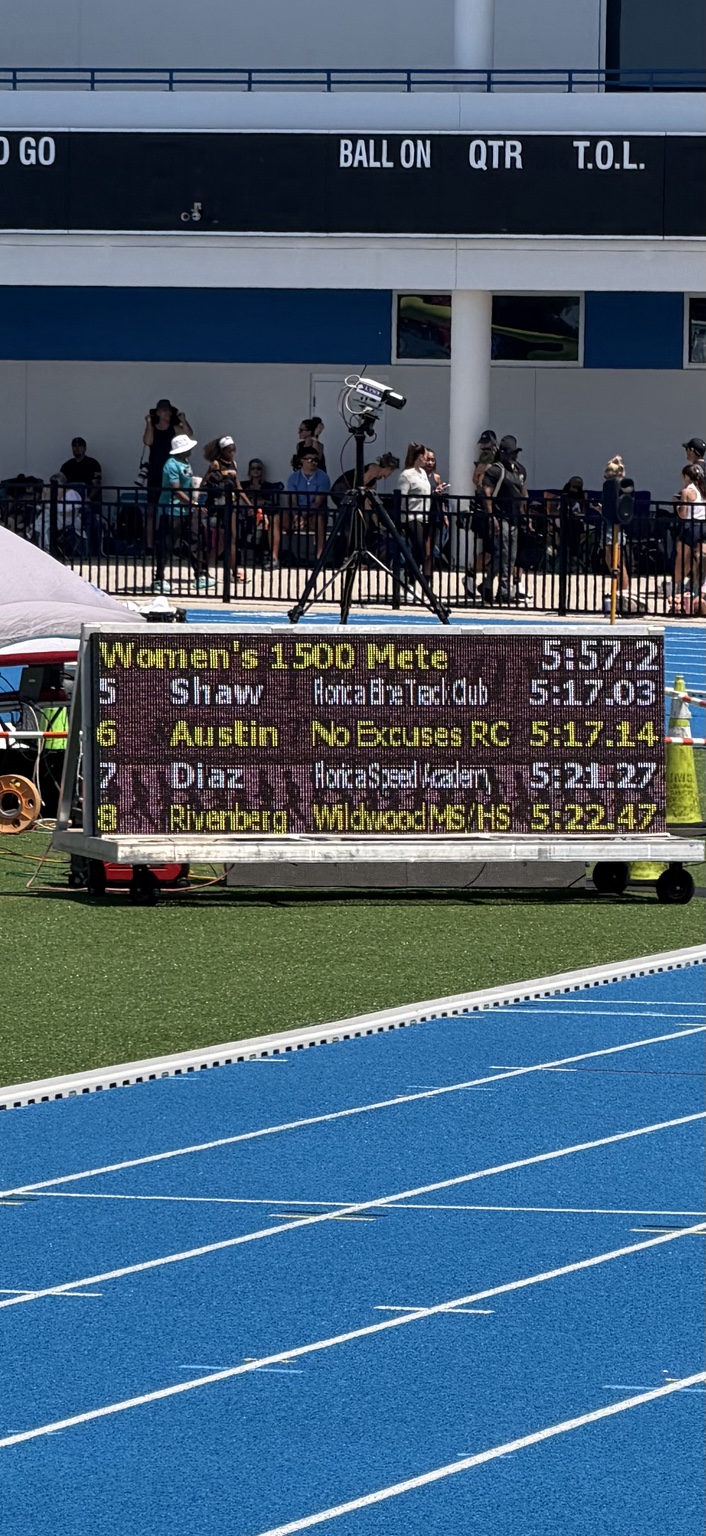 Track results board showing women's 1500 meter times
