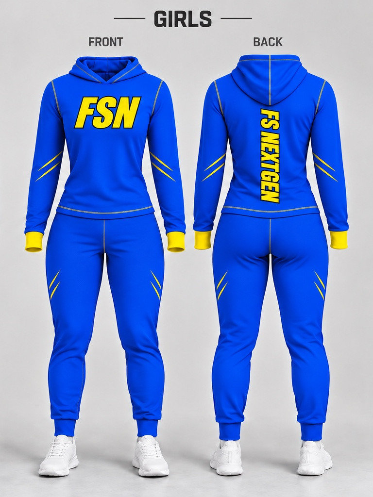 FS NextGen girls fitted blue hooded tracksuit, front and back